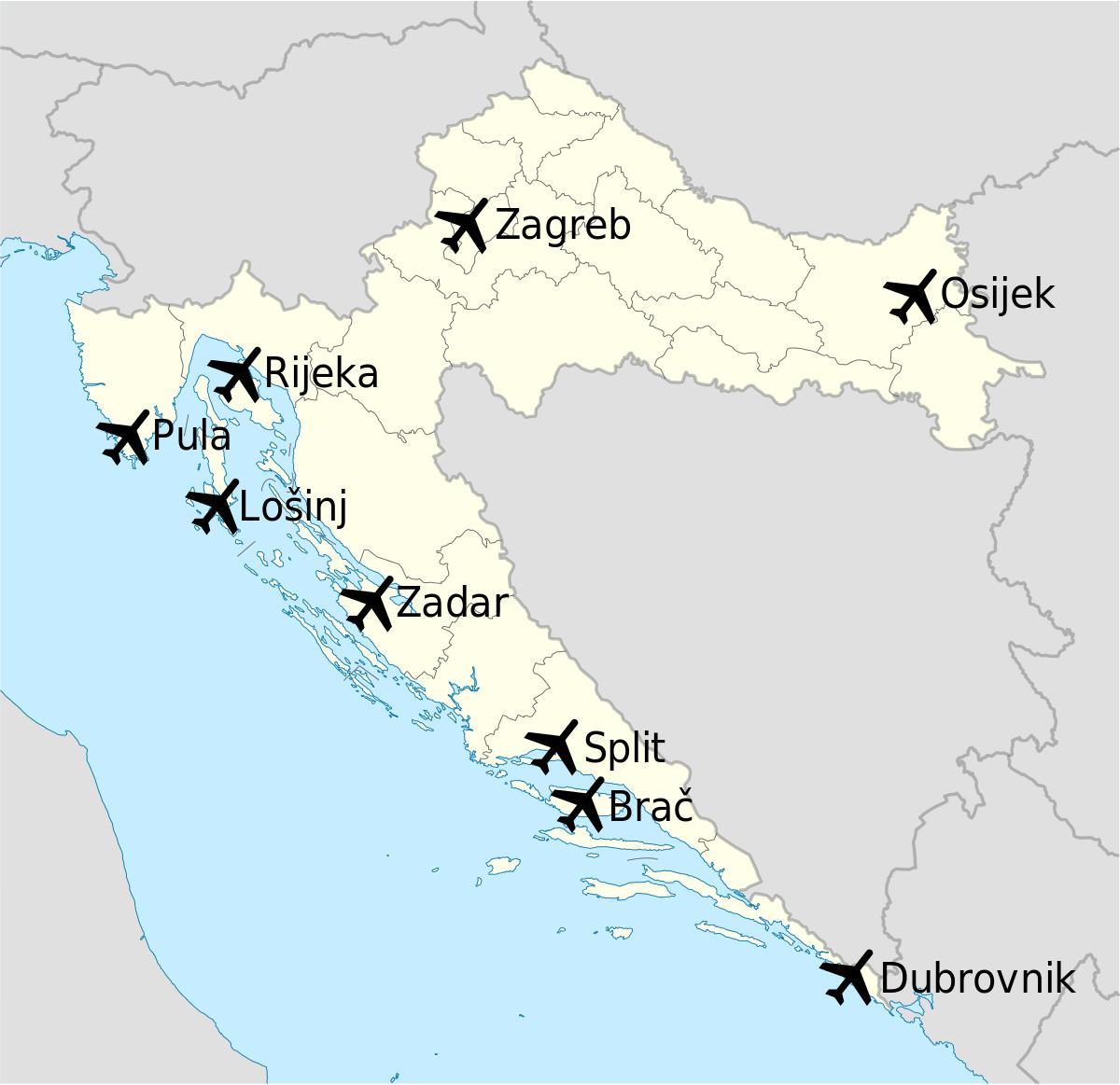 χάρτης της κροατίας δείχνει αεροδρόμια